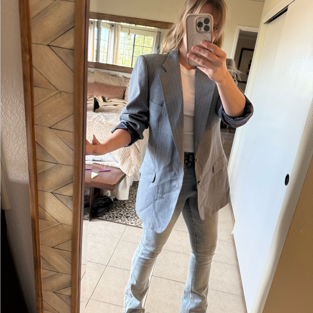 VINTAGE Yves Saint Laurent Light Blue + Tan Plaid Blazer + Removable Fur Collar - Picture 6 of 13